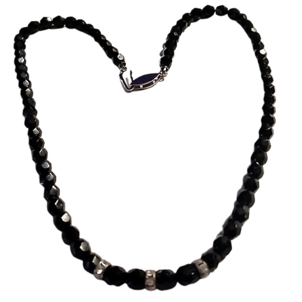 Vintage-Style Faceted Black Beaded Necklace with Rhinestone Rondelle Accents